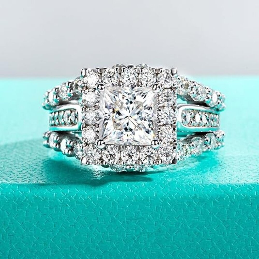 3.884cttw Princess Cut Moissanite D Color VVS1 925 Silver 3 Rows Vintage Ring